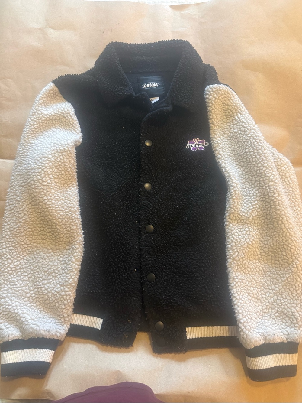 Black Sherpa Bomber Jacket with Cream Sleeves